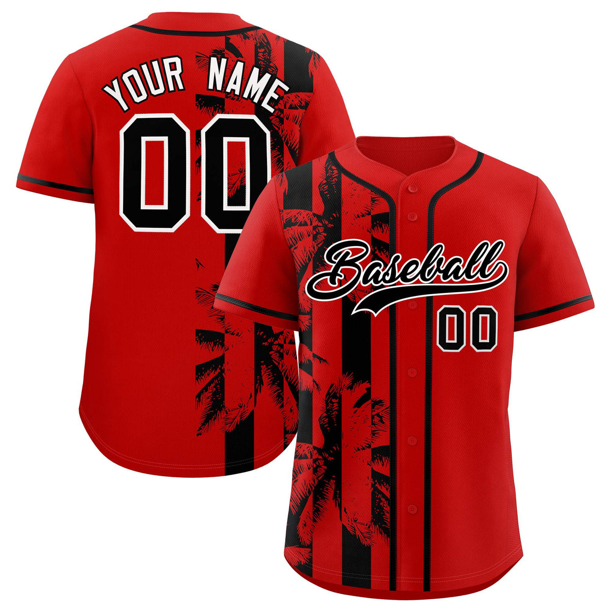 Custom Red Black Split Fashion Coconut Tree Design Authentic Baseball Jersey