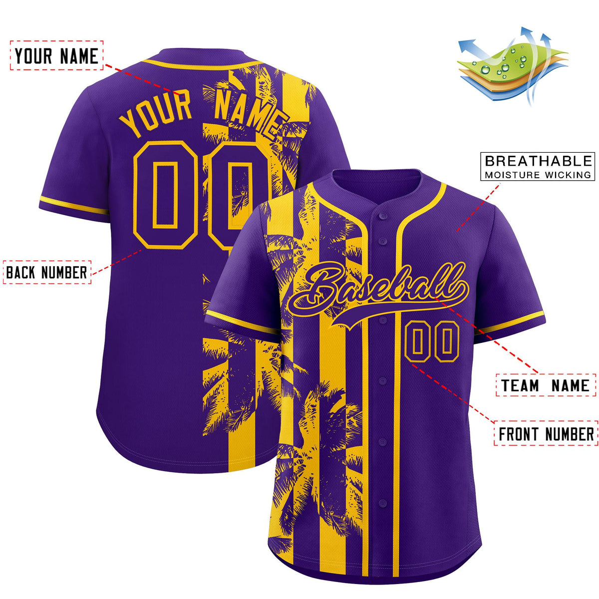 Custom Purple Yellow Split Fashion Coconut Tree Design Authentic Baseball Jersey