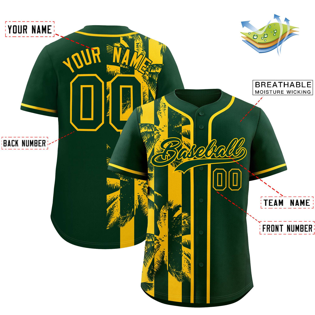 Custom Green Yellow Split Fashion Coconut Tree Design Authentic Baseball Jersey