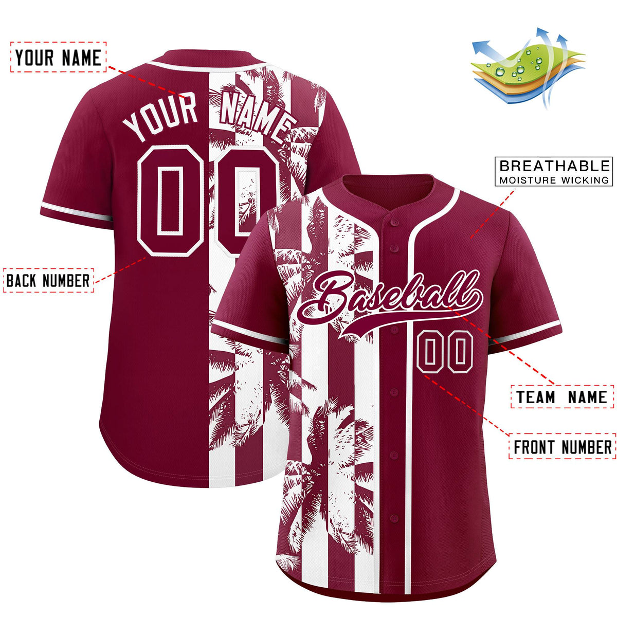 Custom Crimson White Split Fashion Coconut Tree Design Authentic Baseball Jersey