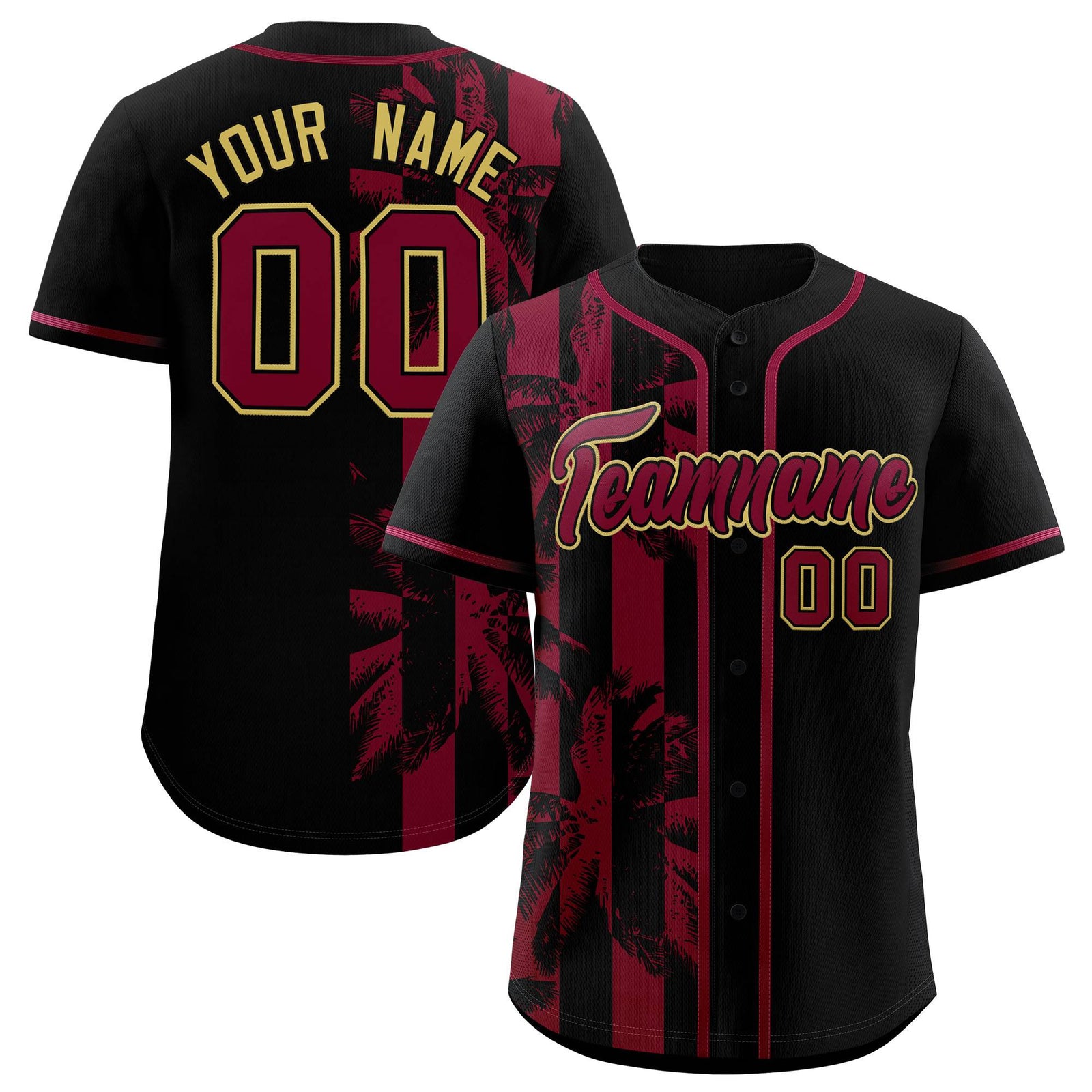 Custom Black Crimson Split Fashion Coconut Tree Design Authentic Baseball Jersey