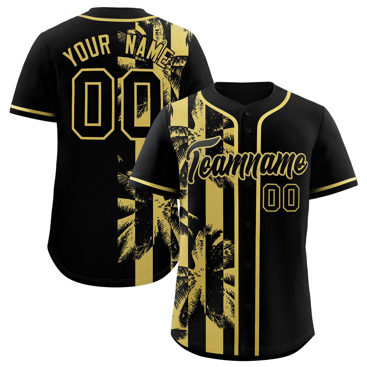 Custom Black Old Gold Split Fashion Coconut Tree Design Authentic Baseball Jersey