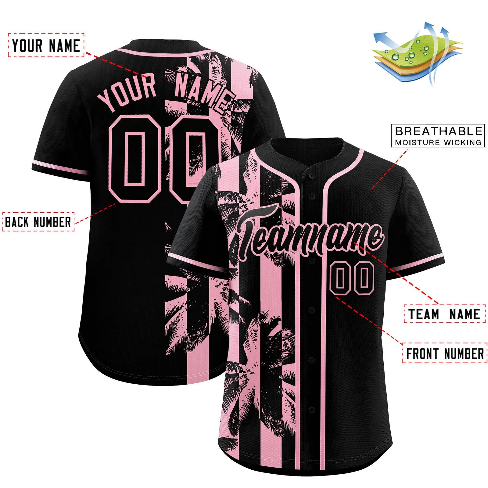 Custom Black Light Pink Split Fashion Coconut Tree Design Authentic Baseball Jersey