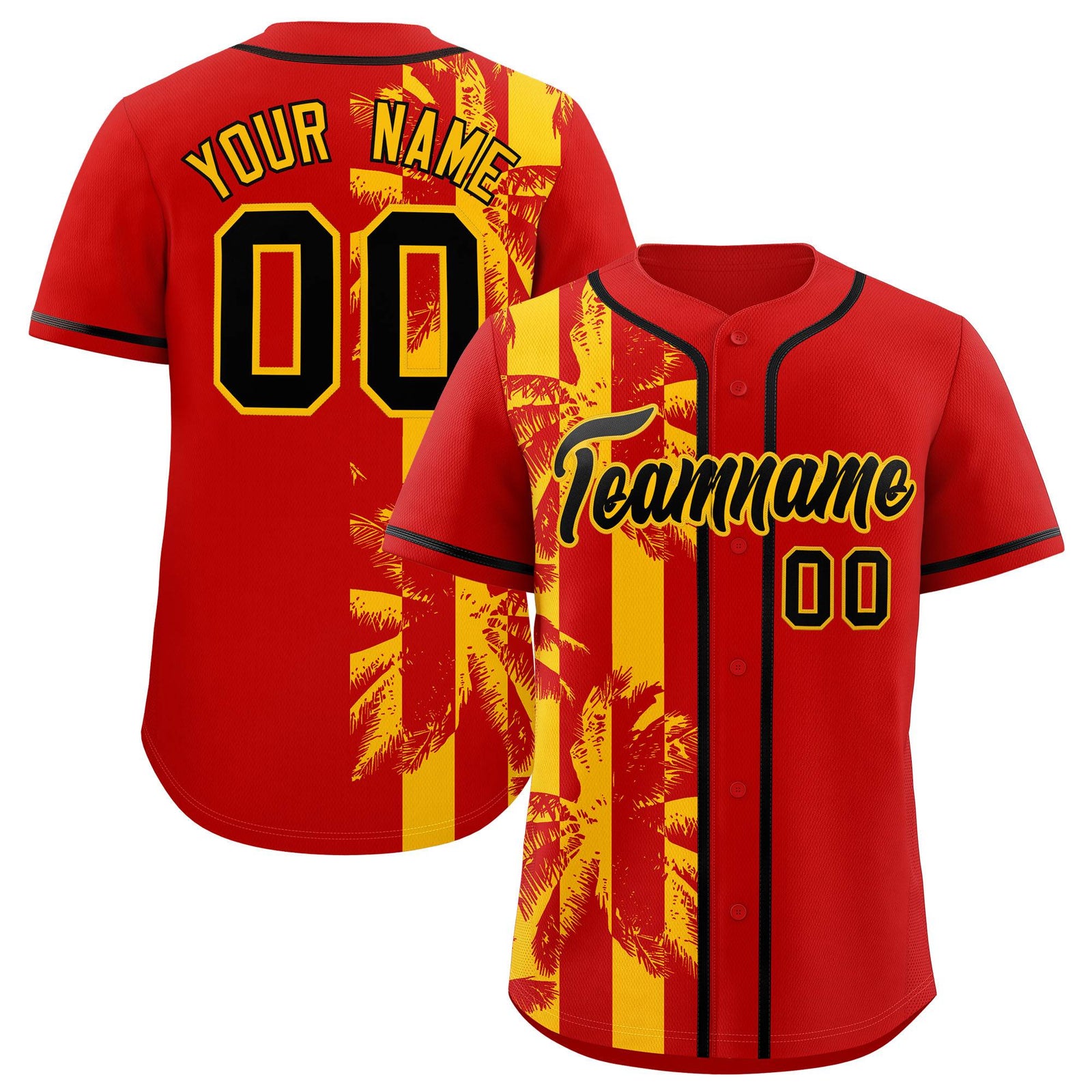 Custom Red Yellow Split Fashion Coconut Tree Design Authentic Baseball Jersey