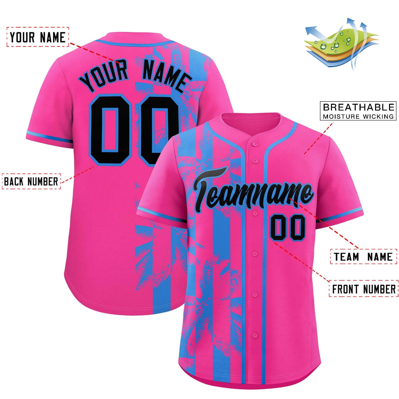 Custom Pink Powder Blue Split Fashion Coconut Tree Design Authentic Baseball Jersey