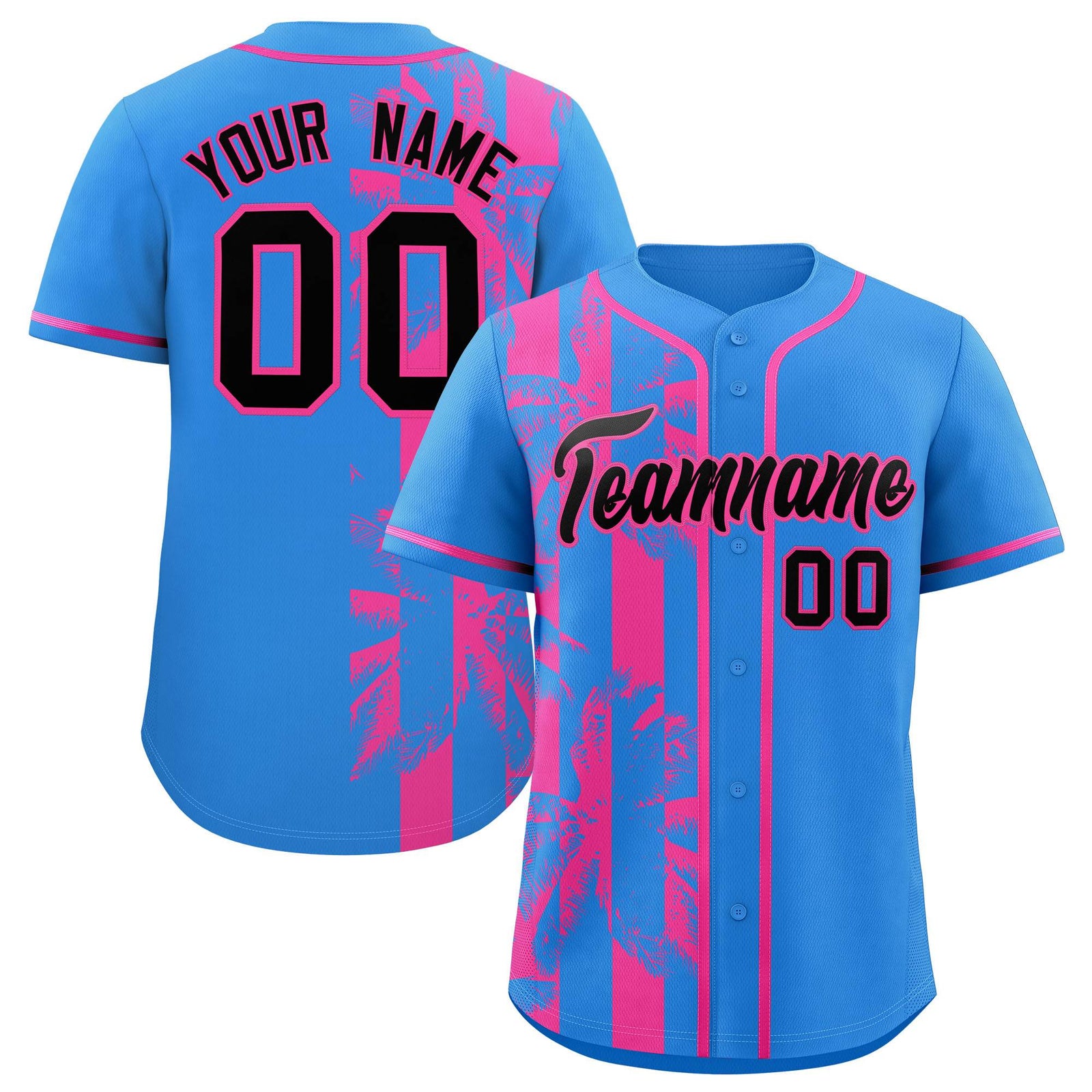 Custom Powder Blue Pink Split Fashion Coconut Tree Design Authentic Baseball Jersey