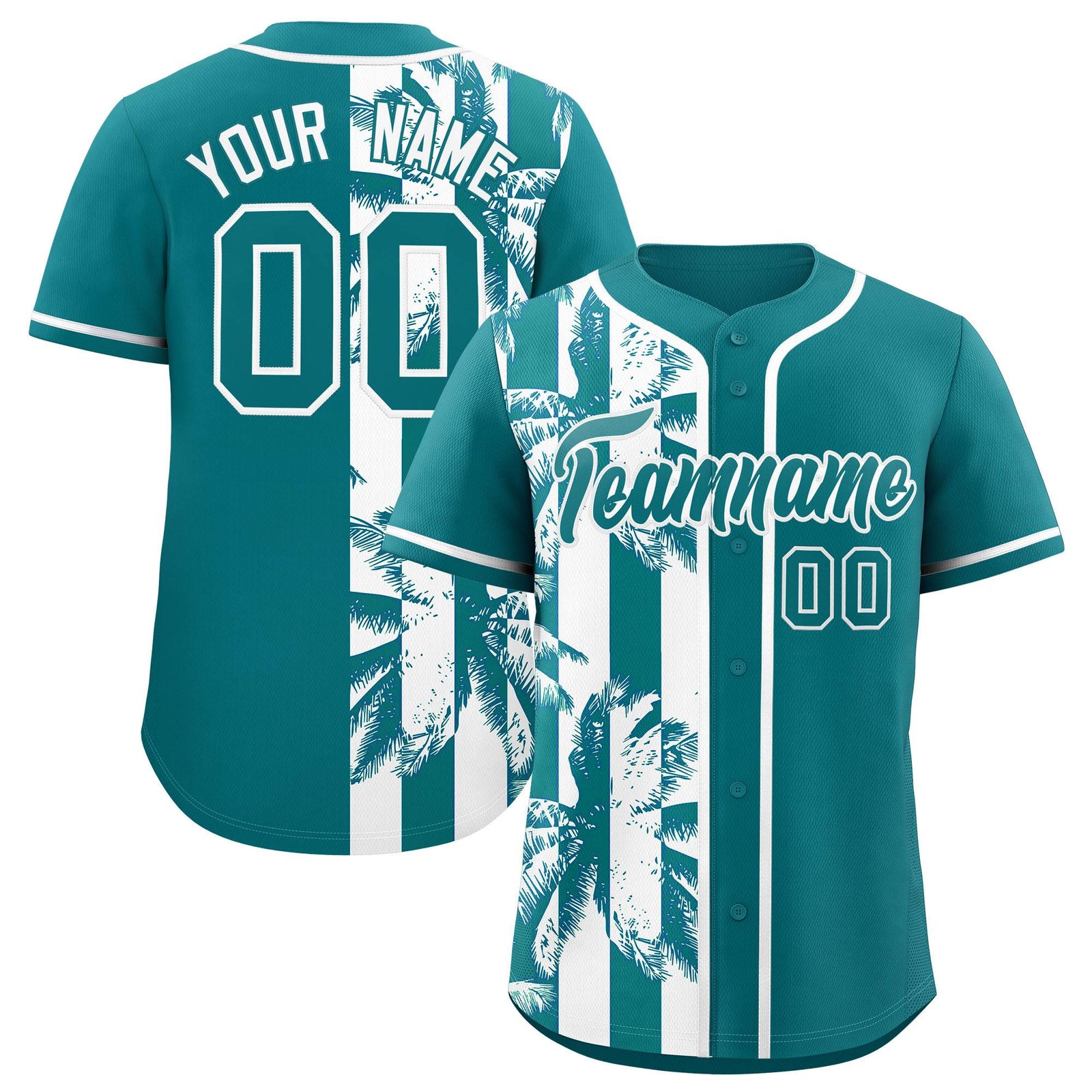 Custom Aqua White Split Fashion Coconut Tree Design Authentic Baseball Jersey