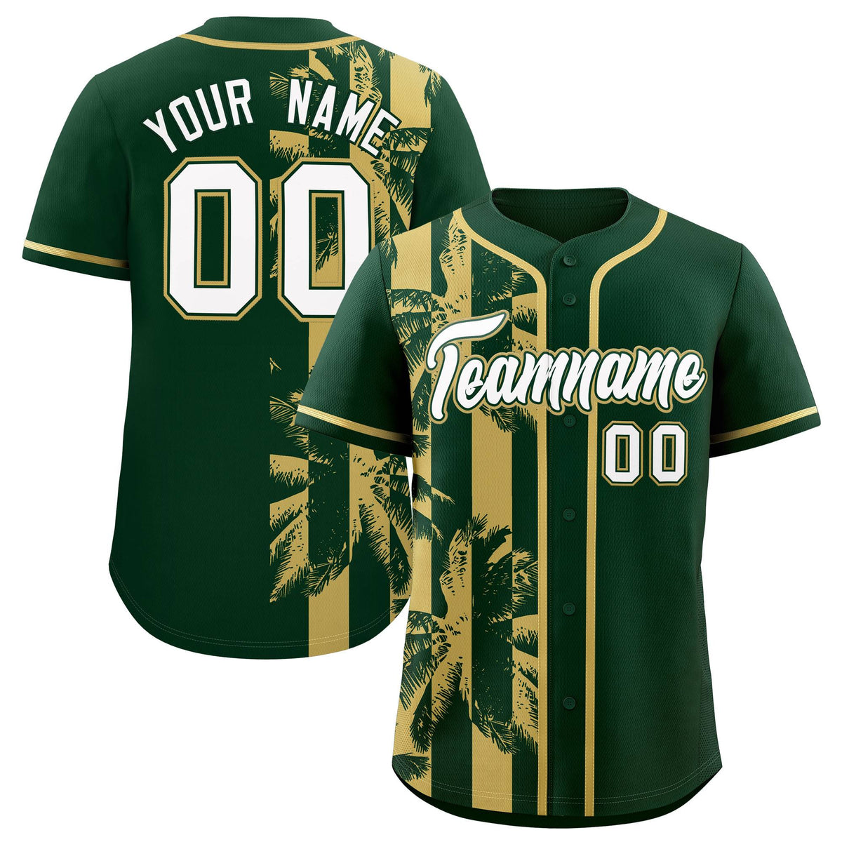 Custom Green Khaki Split Fashion Coconut Tree Design Authentic Baseball Jersey