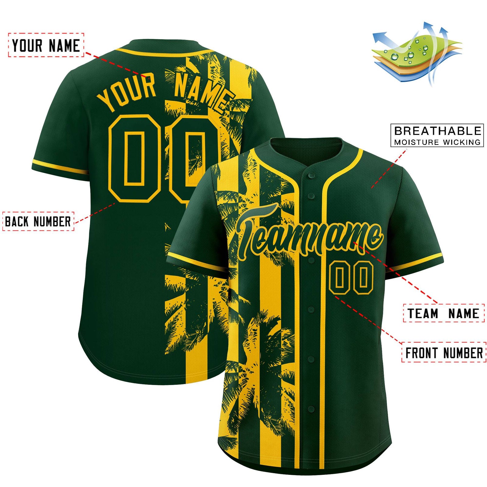 Custom Green Yellow Split Fashion Coconut Tree Design Authentic Baseball Jersey