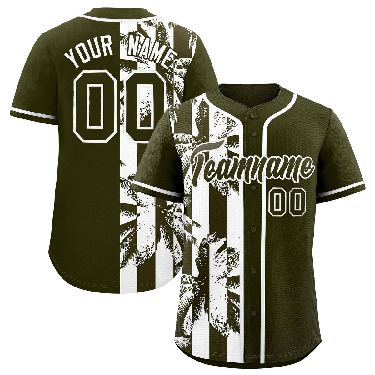 Custom Olive White Split Fashion Coconut Tree Design Authentic Baseball Jersey