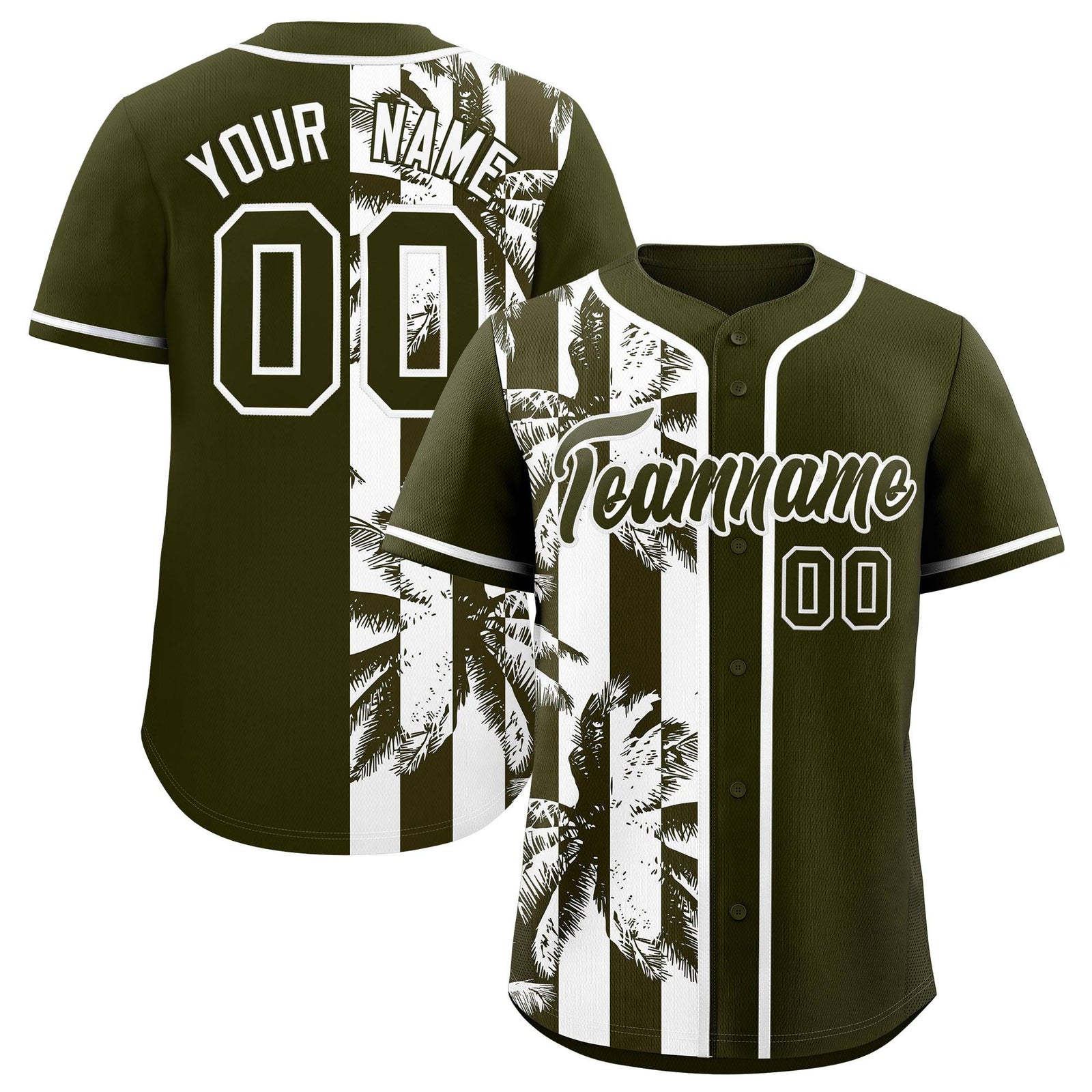 Custom Olive White Split Fashion Coconut Tree Design Authentic Baseball Jersey