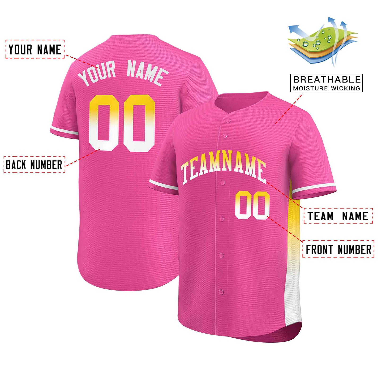 Custom Pink Gold-White Personalized Gradient Font And Side Design Authentic Baseball Jersey
