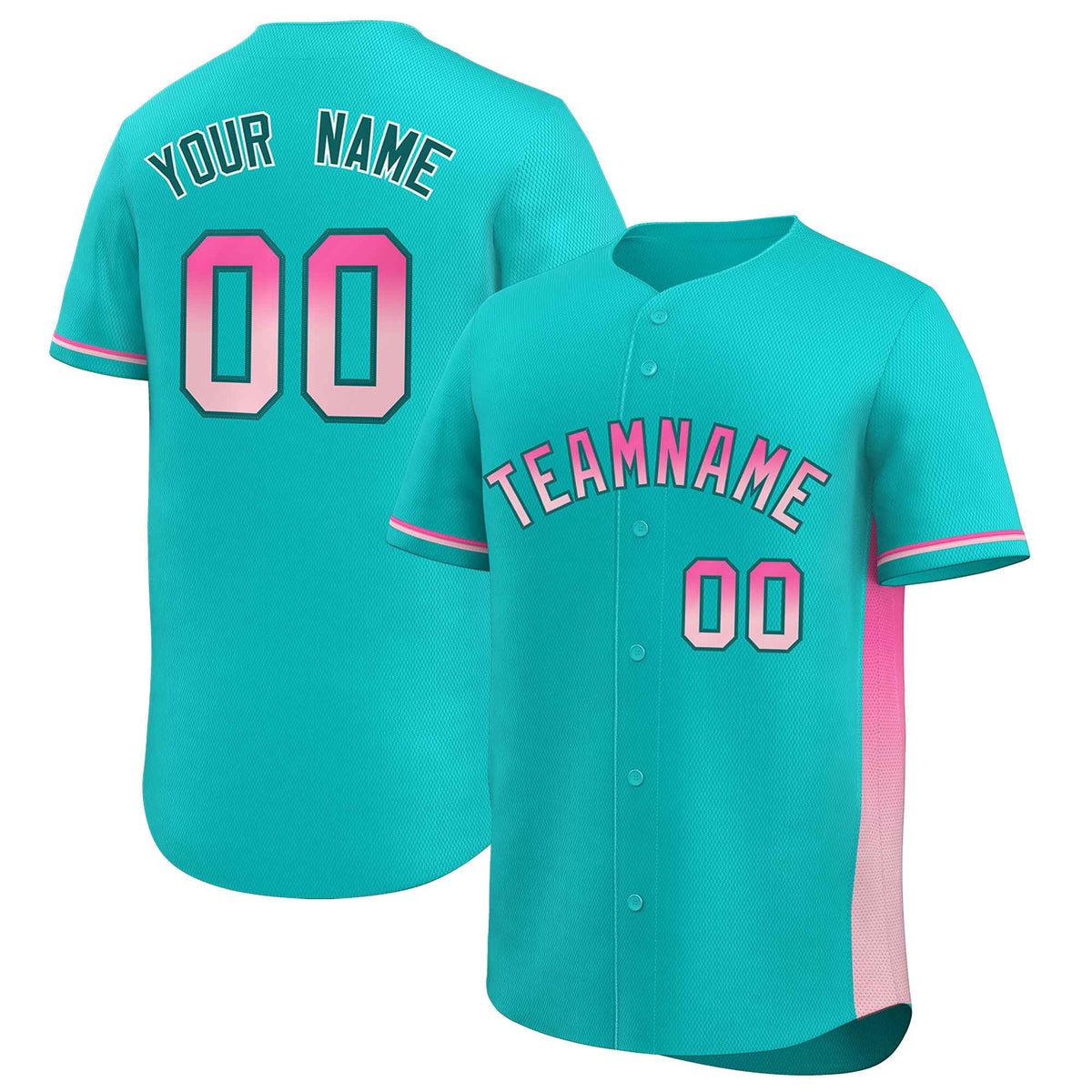 Custom Aqua Pink-Lt Pink Personalized Gradient Font And Side Design Authentic Baseball Jersey