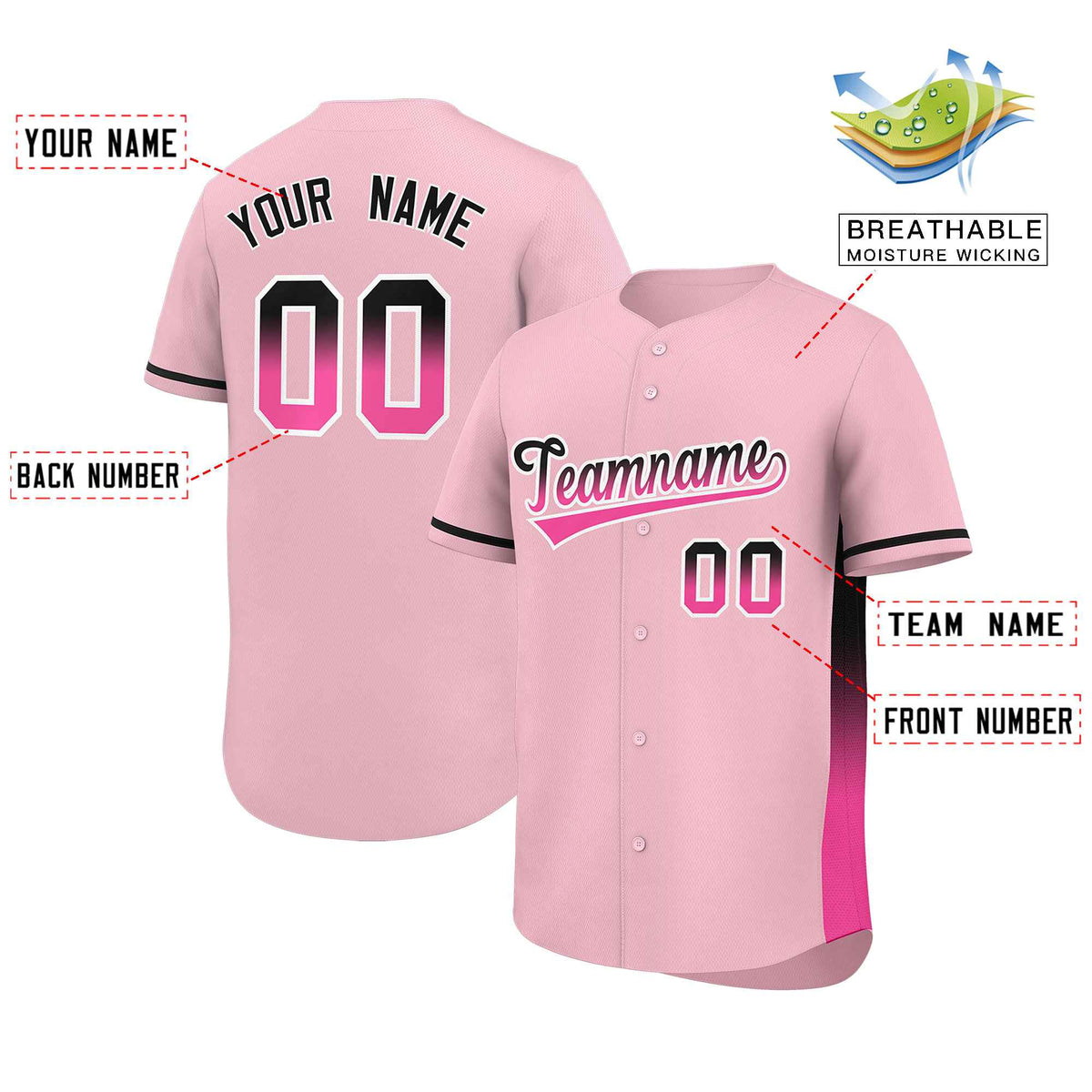 Custom Light Pink Black-Pink Personalized Gradient Font And Side Design Authentic Baseball Jersey