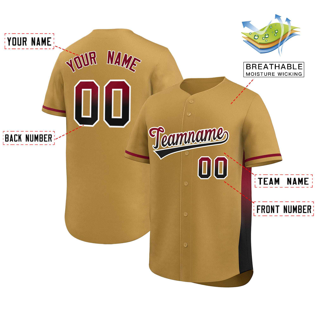 Custom Old Gold Crimson-Black Personalized Gradient Font And Side Design Authentic Baseball Jersey