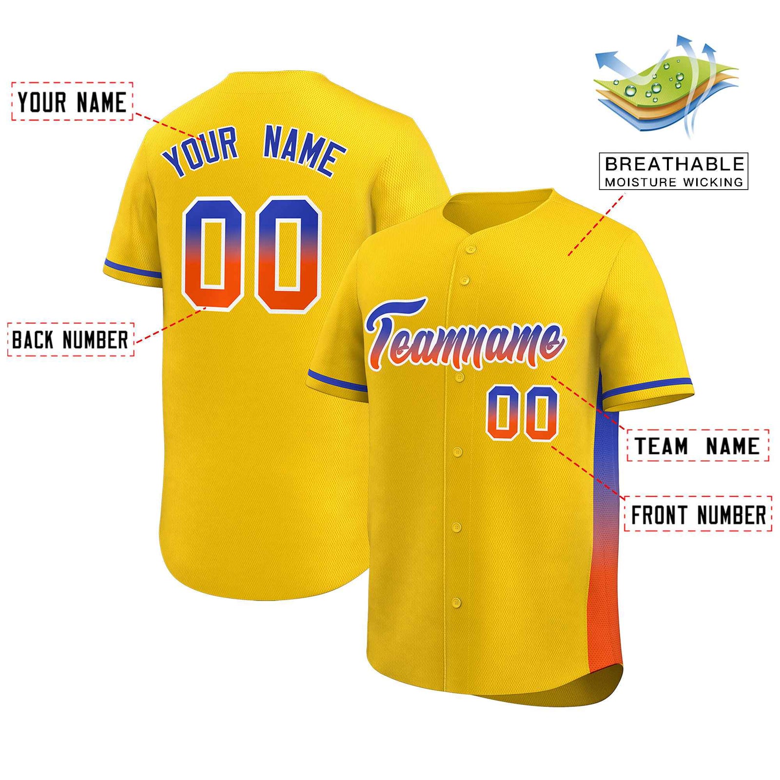 Custom Gold Royal-Orange Personalized Gradient Font And Side Design Authentic Baseball Jersey