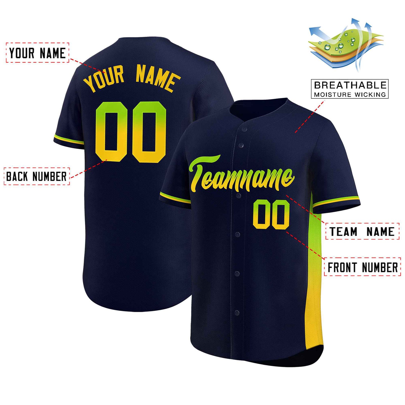 Custom Navy Neon Green-Gold Personalized Gradient Font And Side Design Authentic Baseball Jersey