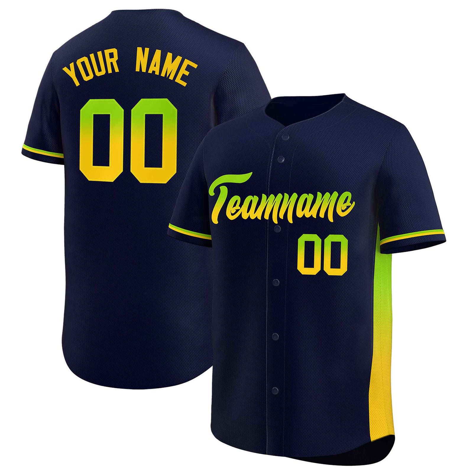 Custom Navy Neon Green-Gold Personalized Gradient Font And Side Design Authentic Baseball Jersey