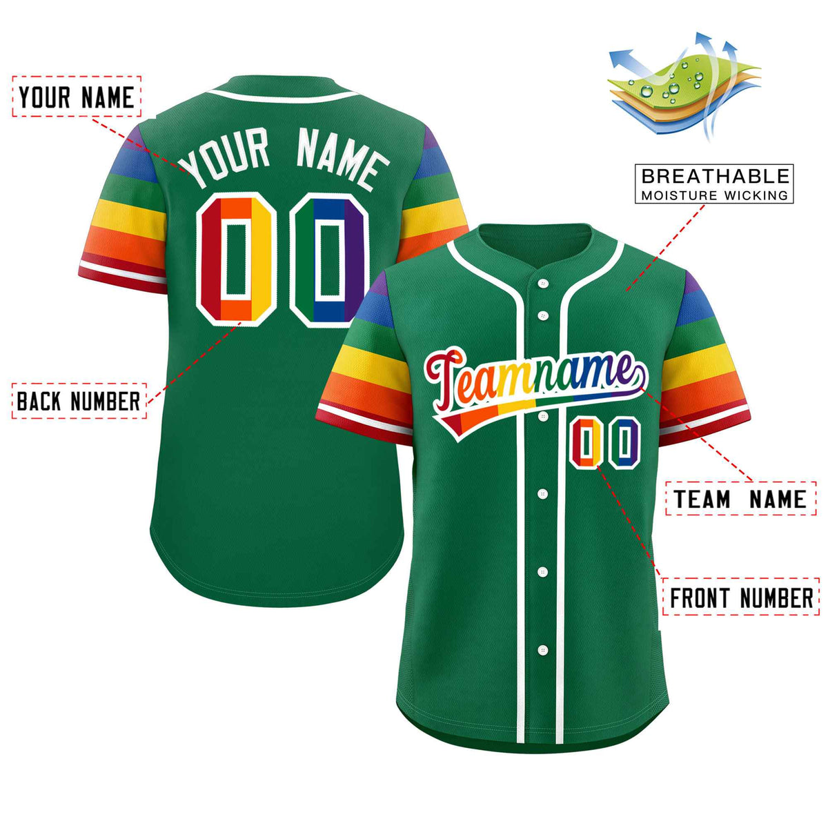 Custom Kelly Green LGBT Rainbow For Pride Month Raglan Sleeves Authentic Baseball Jersey