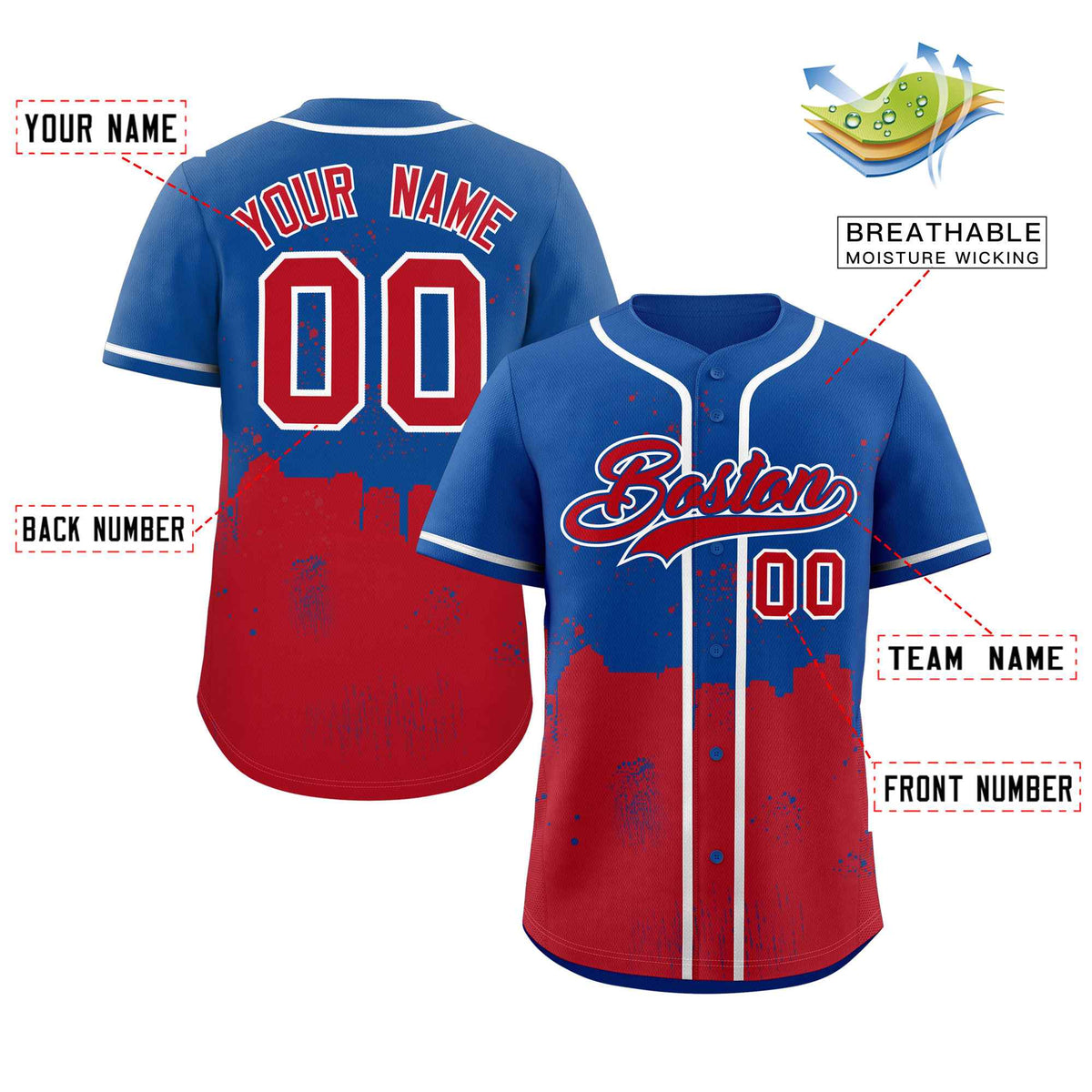 Custom Royal Red Personalized Boston City Nightscape Authentic Baseball Jersey