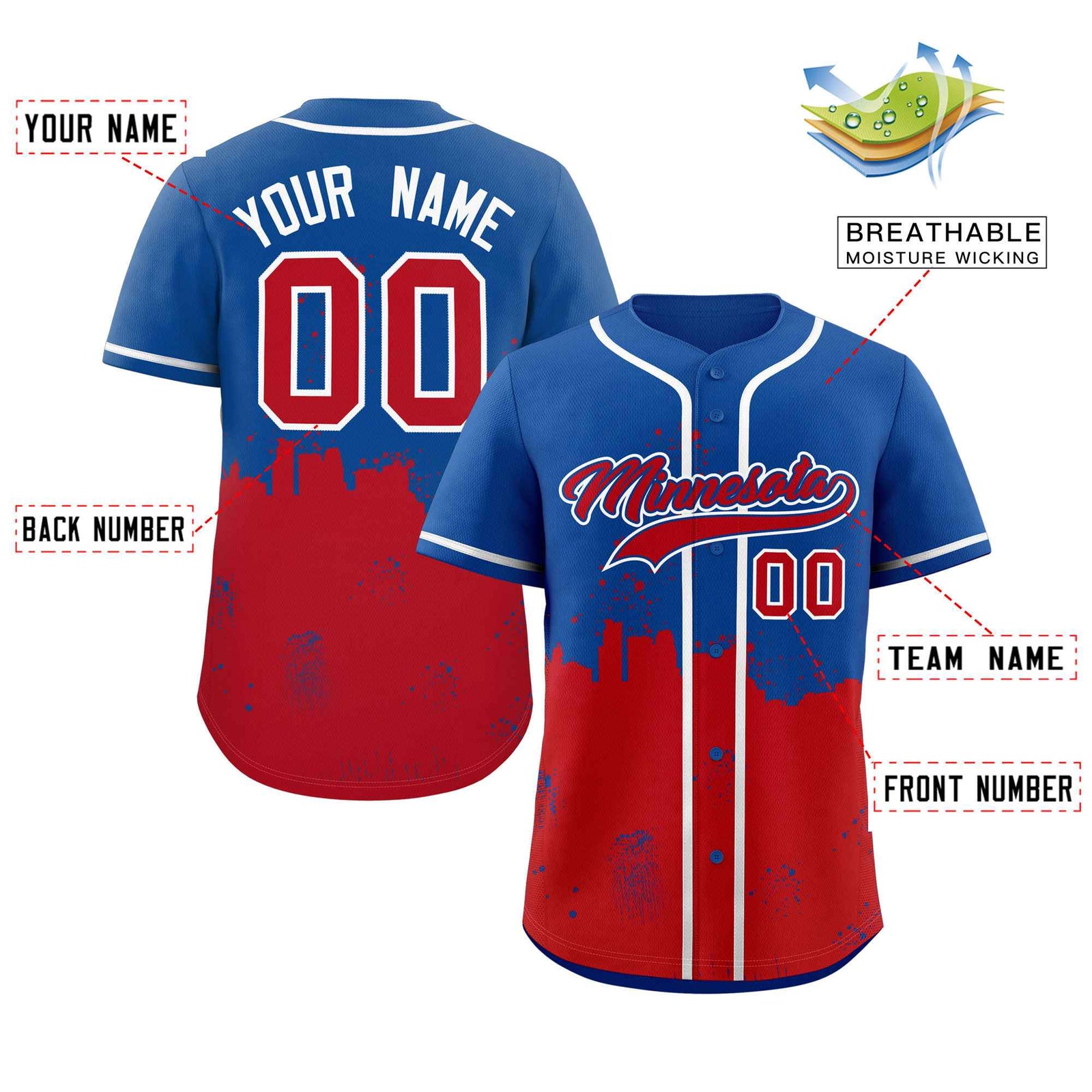 Custom Royal Red Personalized Minnesota City Nightscape Authentic Baseball Jersey