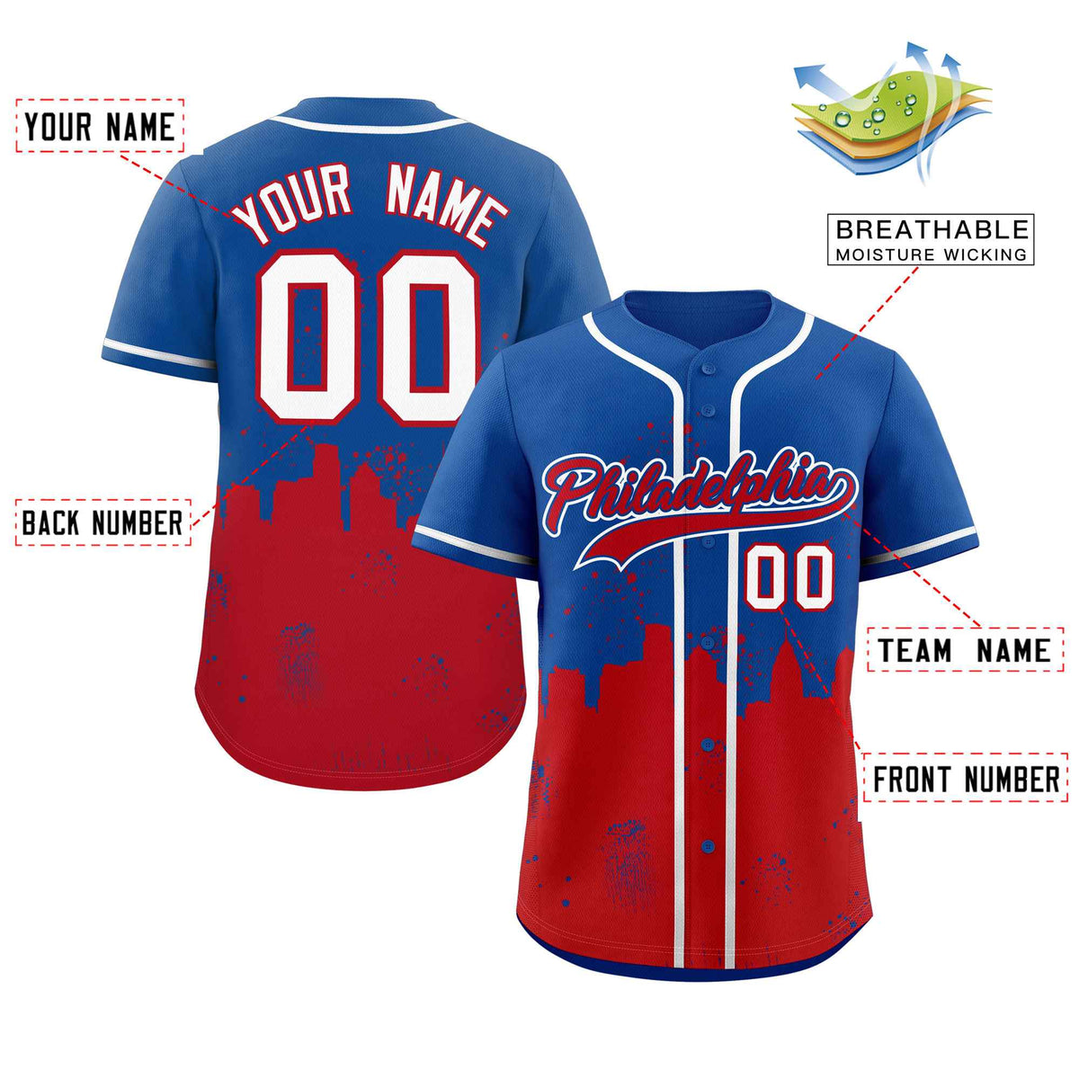 Custom Royal Red Personalized Philadelphia City Nightscape Authentic Baseball Jersey