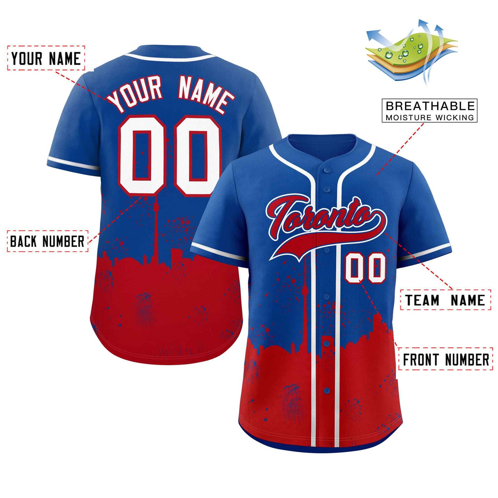 Custom Royal Red Personalized Toronto City Nightscape Authentic Baseball Jersey