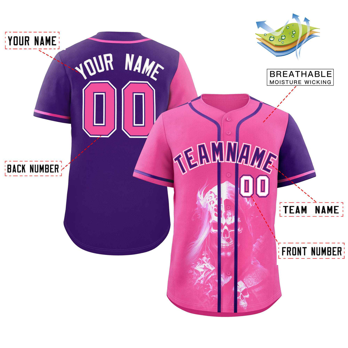 Custom Pink Purple Color Block Personalized Skull Pattern Authentic Baseball Jersey