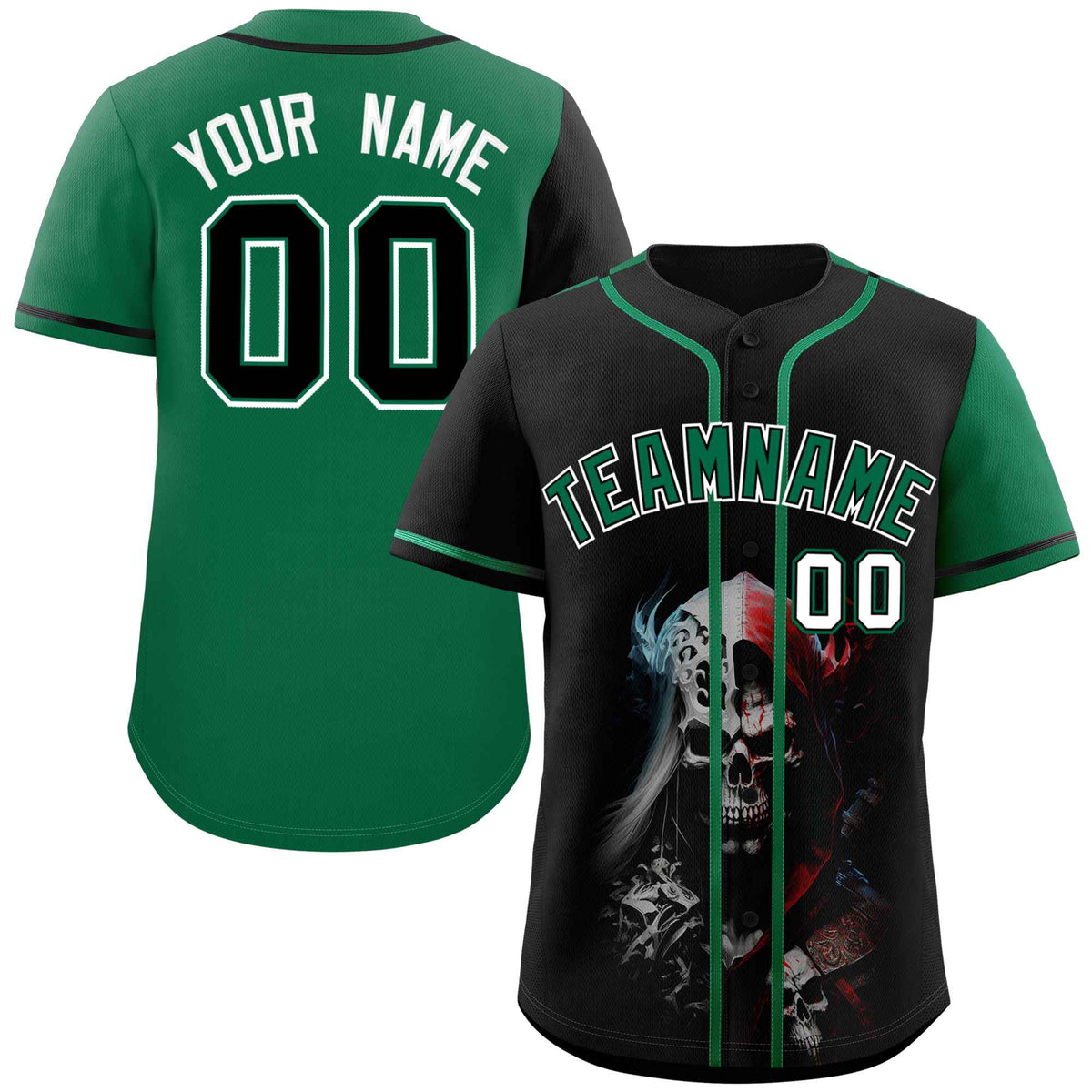 Custom Black Kelly Green Color Block Personalized Skull Pattern Authentic Baseball Jersey