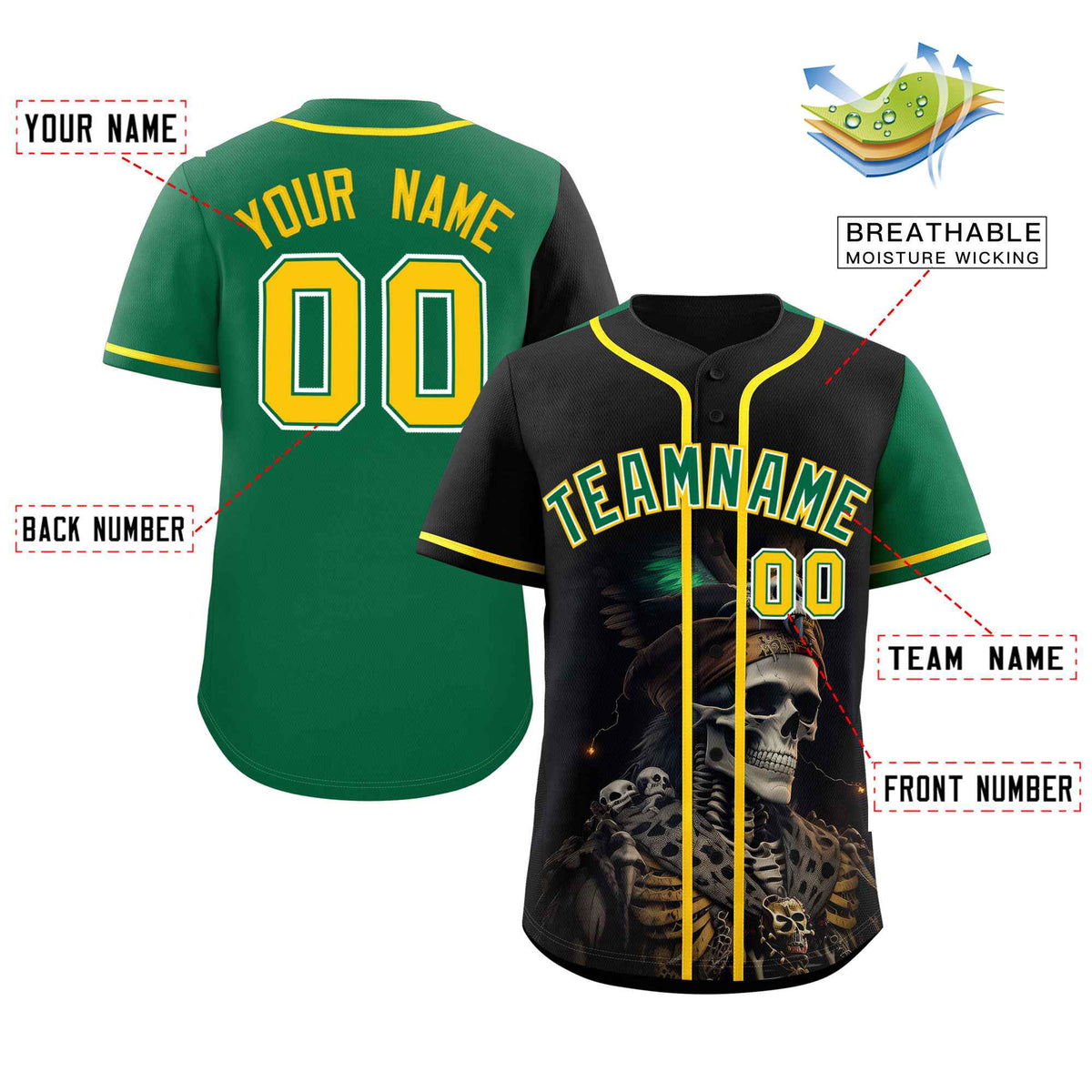 Custom Black Kelly Green Color Block Personalized Skull Pattern Authentic Baseball Jersey