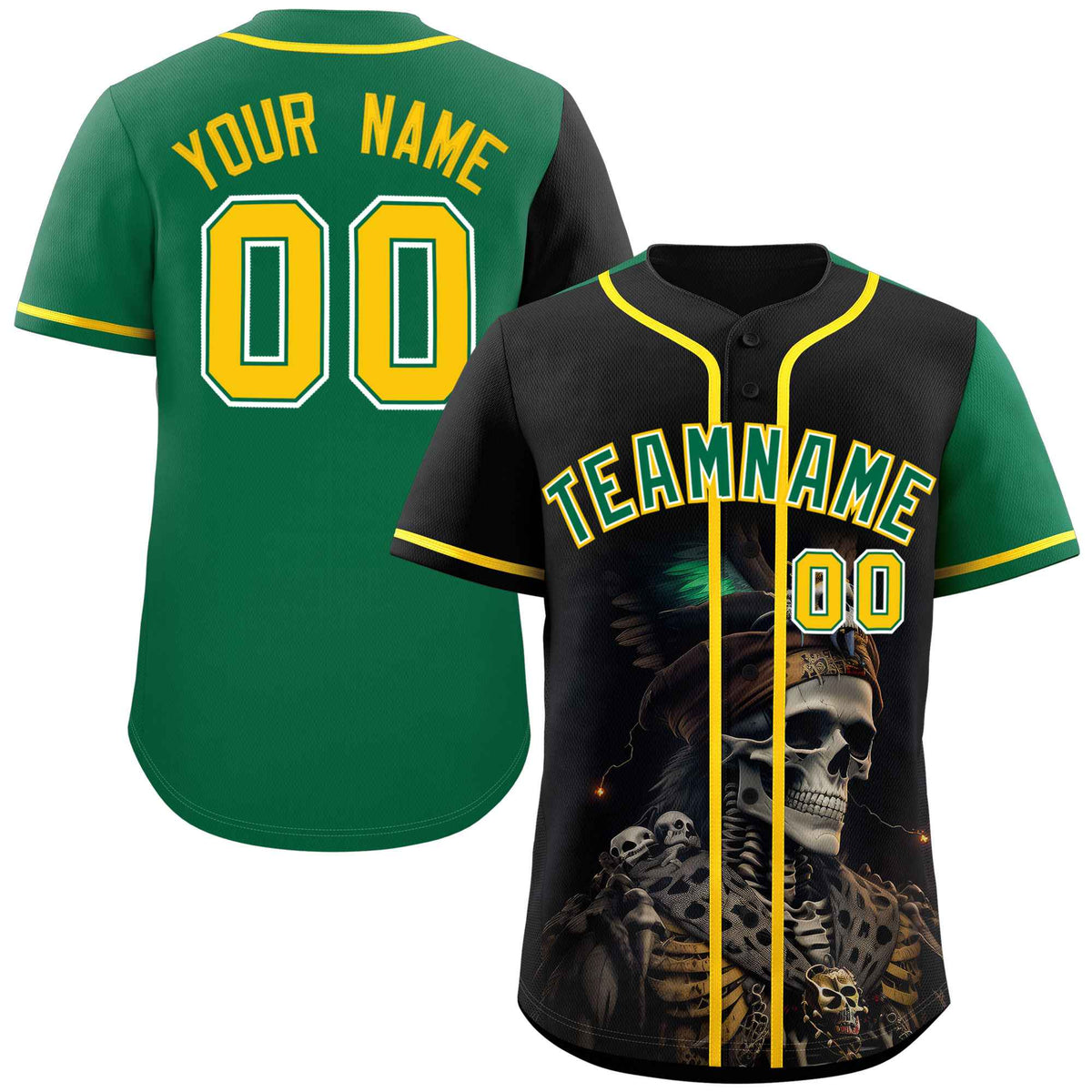 Custom Black Kelly Green Color Block Personalized Skull Pattern Authentic Baseball Jersey