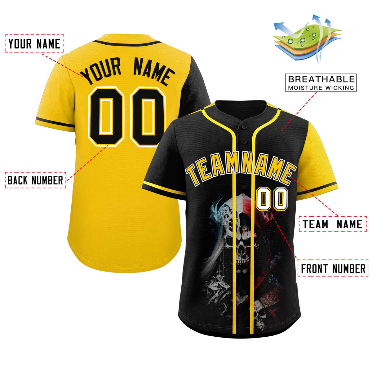 Custom Black Gold Color Block Personalized Skull Pattern Authentic Baseball Jersey