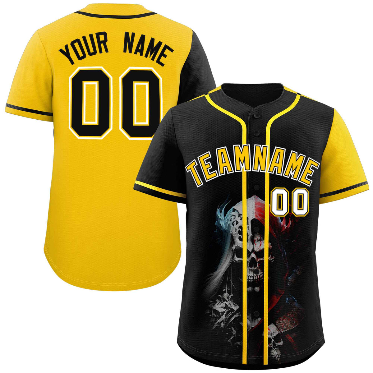 Custom Black Gold Color Block Personalized Skull Pattern Authentic Baseball Jersey
