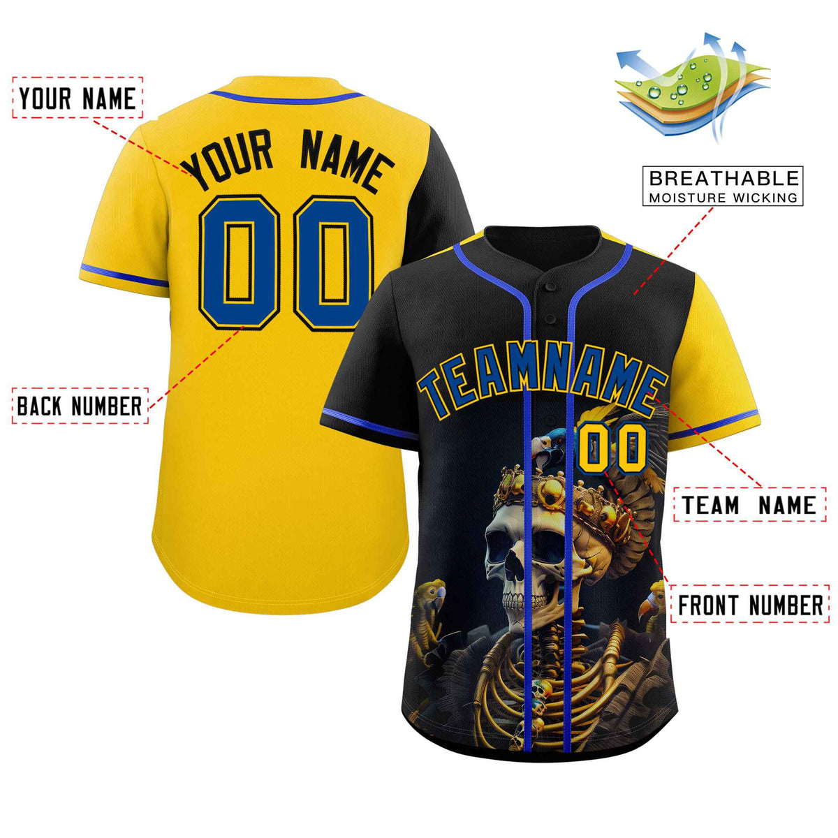 Custom Black Gold Color Block Personalized Skull Pattern Authentic Baseball Jersey