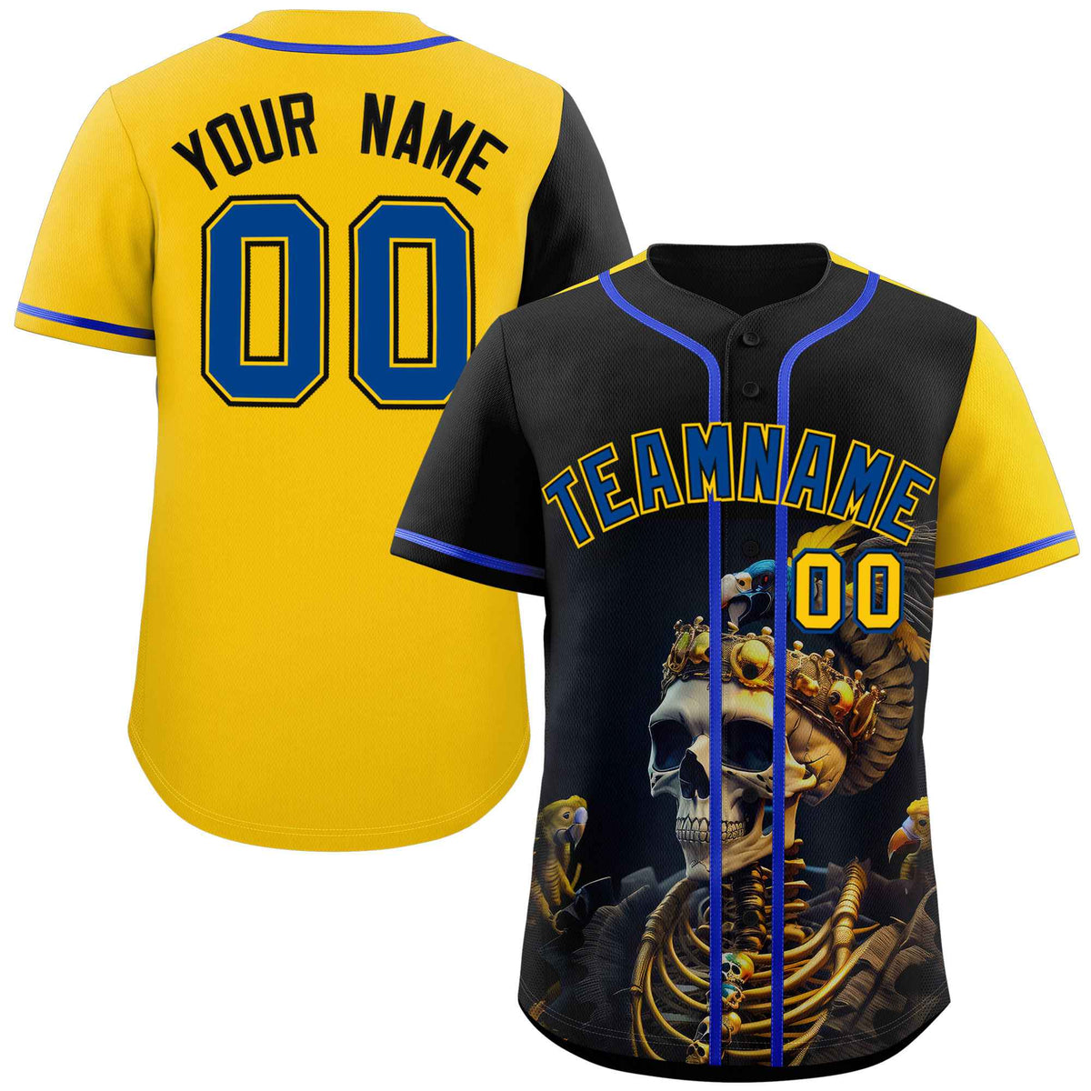Custom Black Gold Color Block Personalized Skull Pattern Authentic Baseball Jersey