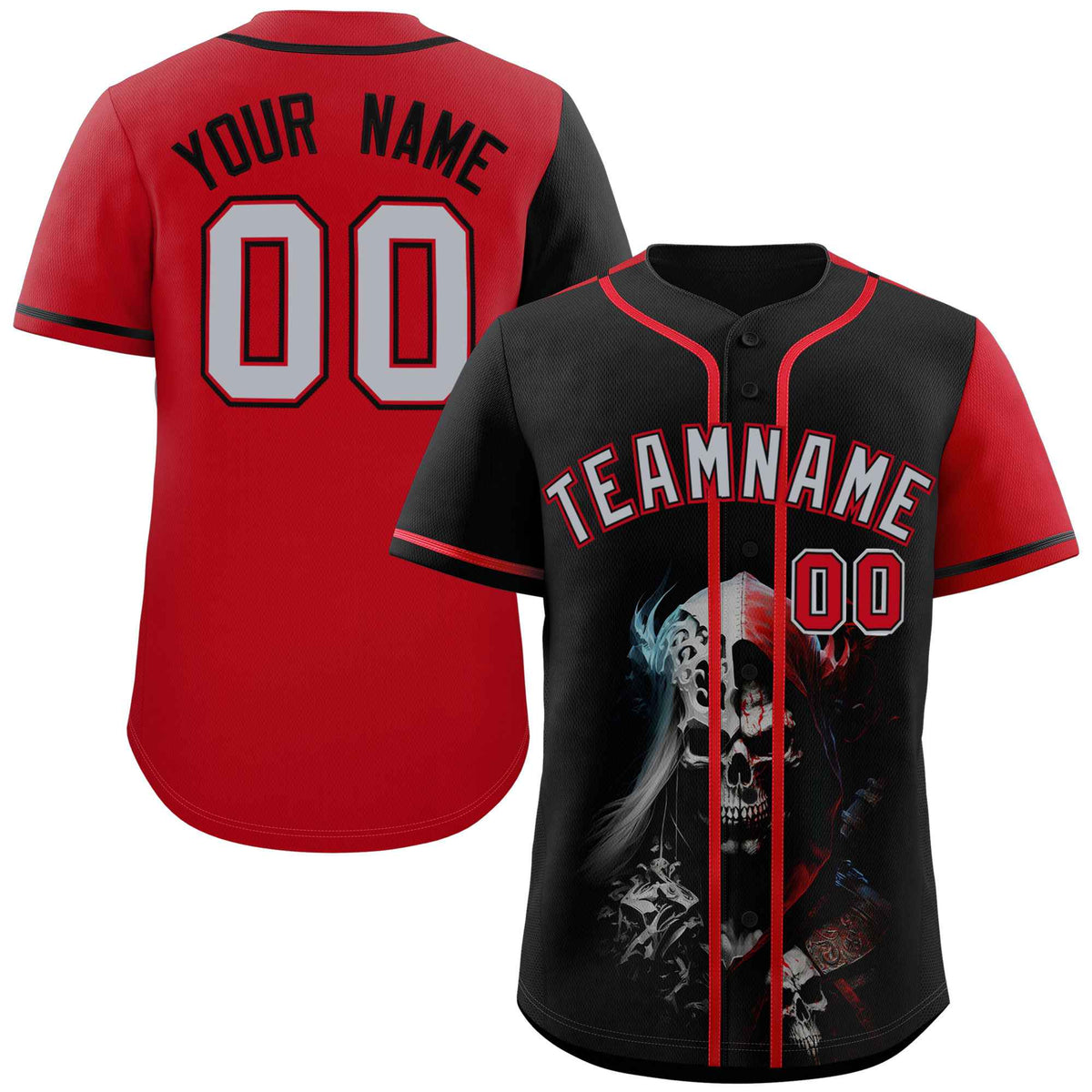 Custom Black Red Color Block Personalized Skull Pattern Authentic Baseball Jersey