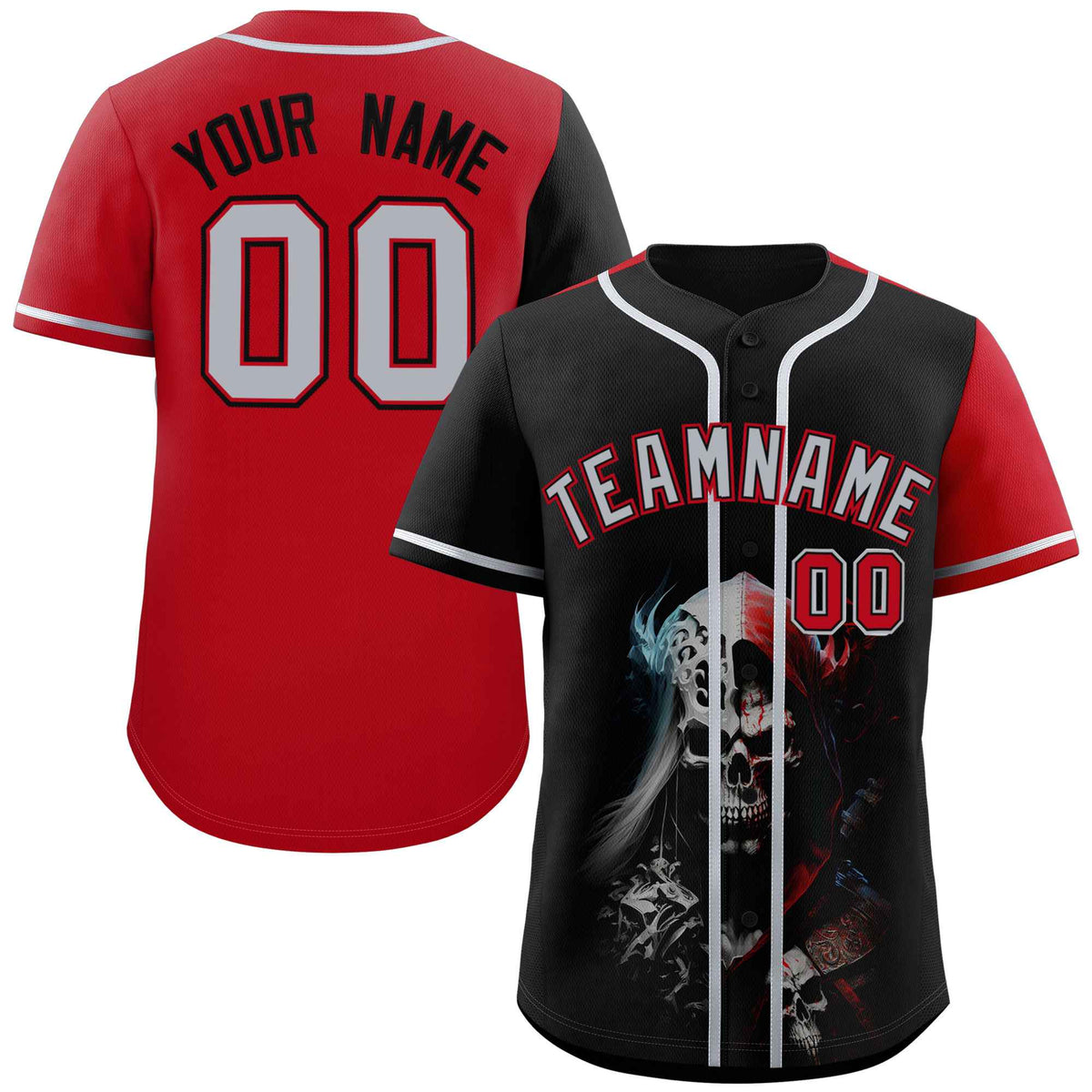Custom Black Red Color Block Personalized Skull Pattern Authentic Baseball Jersey