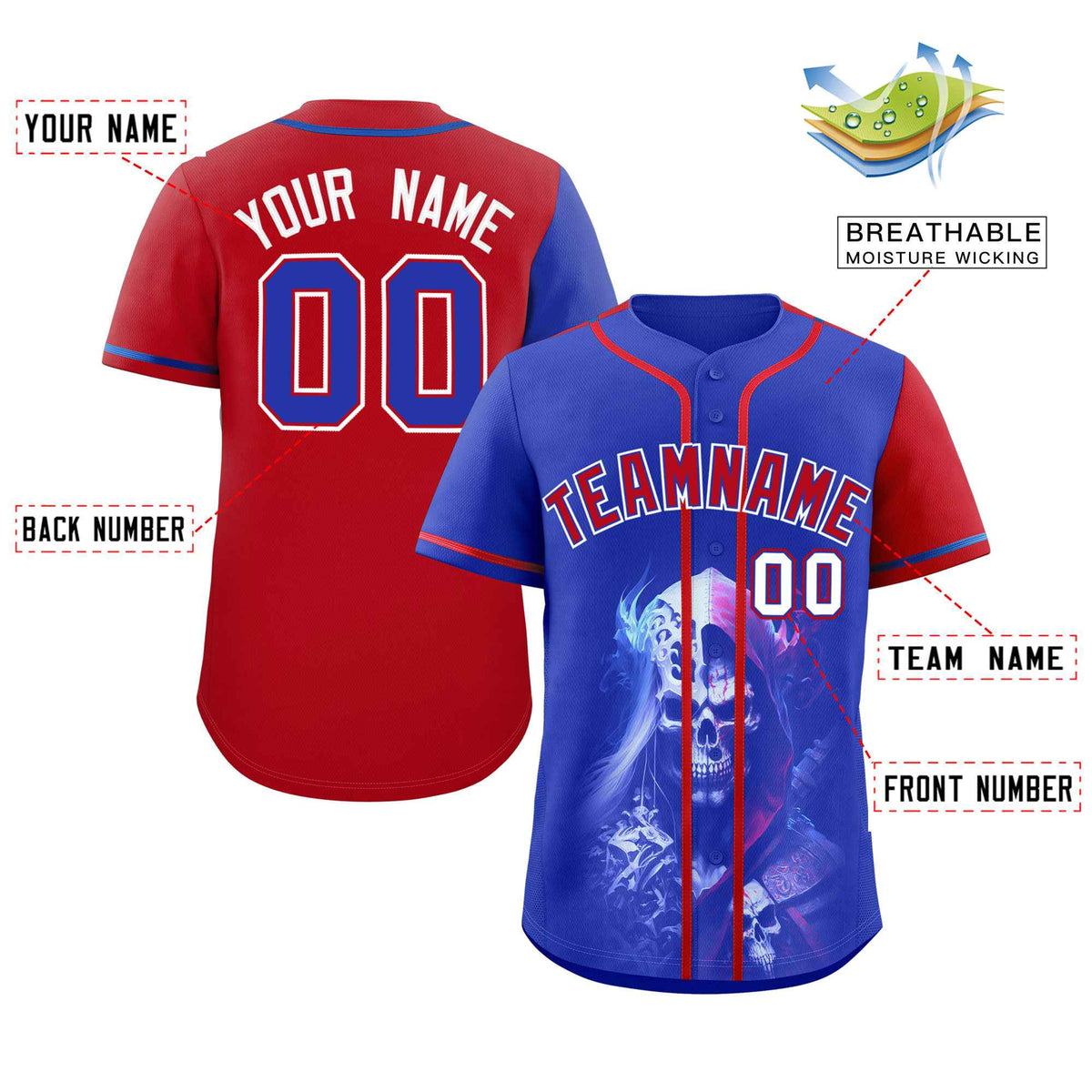 Custom Royal Red Color Block Personalized Skull Pattern Authentic Baseball Jersey