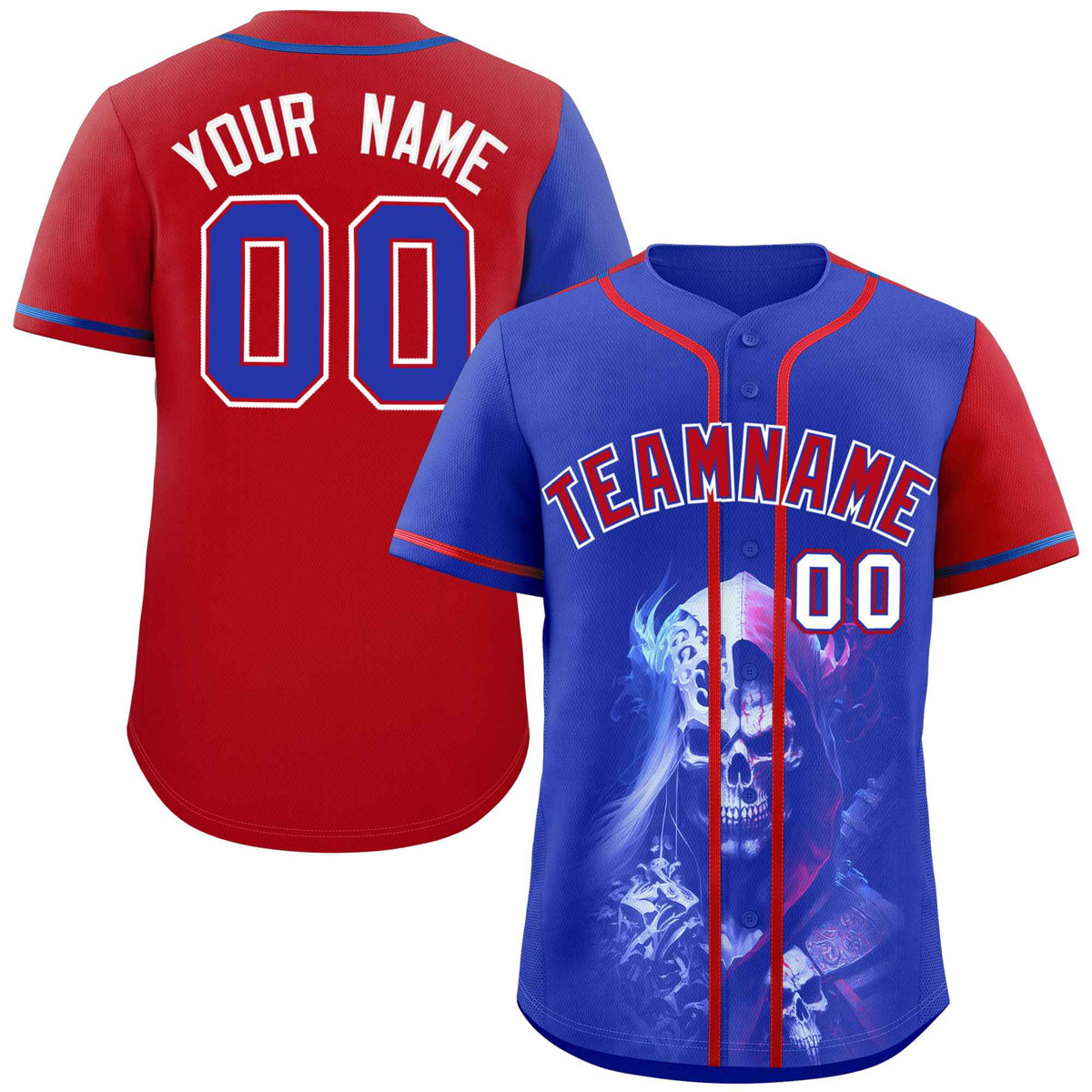 Custom Royal Red Color Block Personalized Skull Pattern Authentic Baseball Jersey
