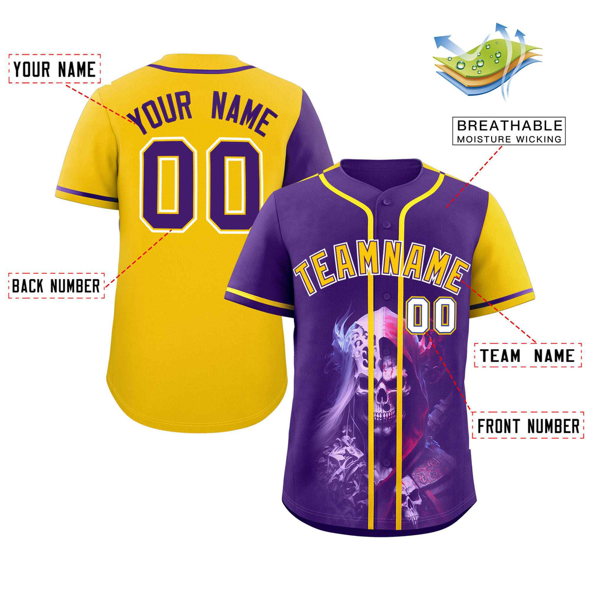 Custom Purple Gold Color Block Personalized Skull Pattern Authentic Baseball Jersey