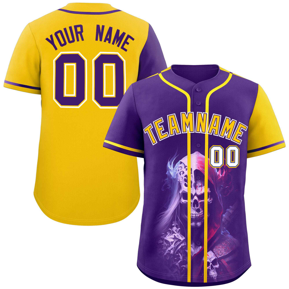 Custom Purple Gold Color Block Personalized Skull Pattern Authentic Baseball Jersey