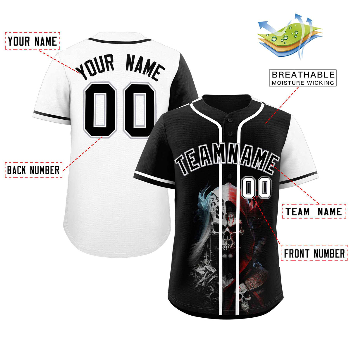 Custom Black White Color Block Personalized Skull Pattern Authentic Baseball Jersey