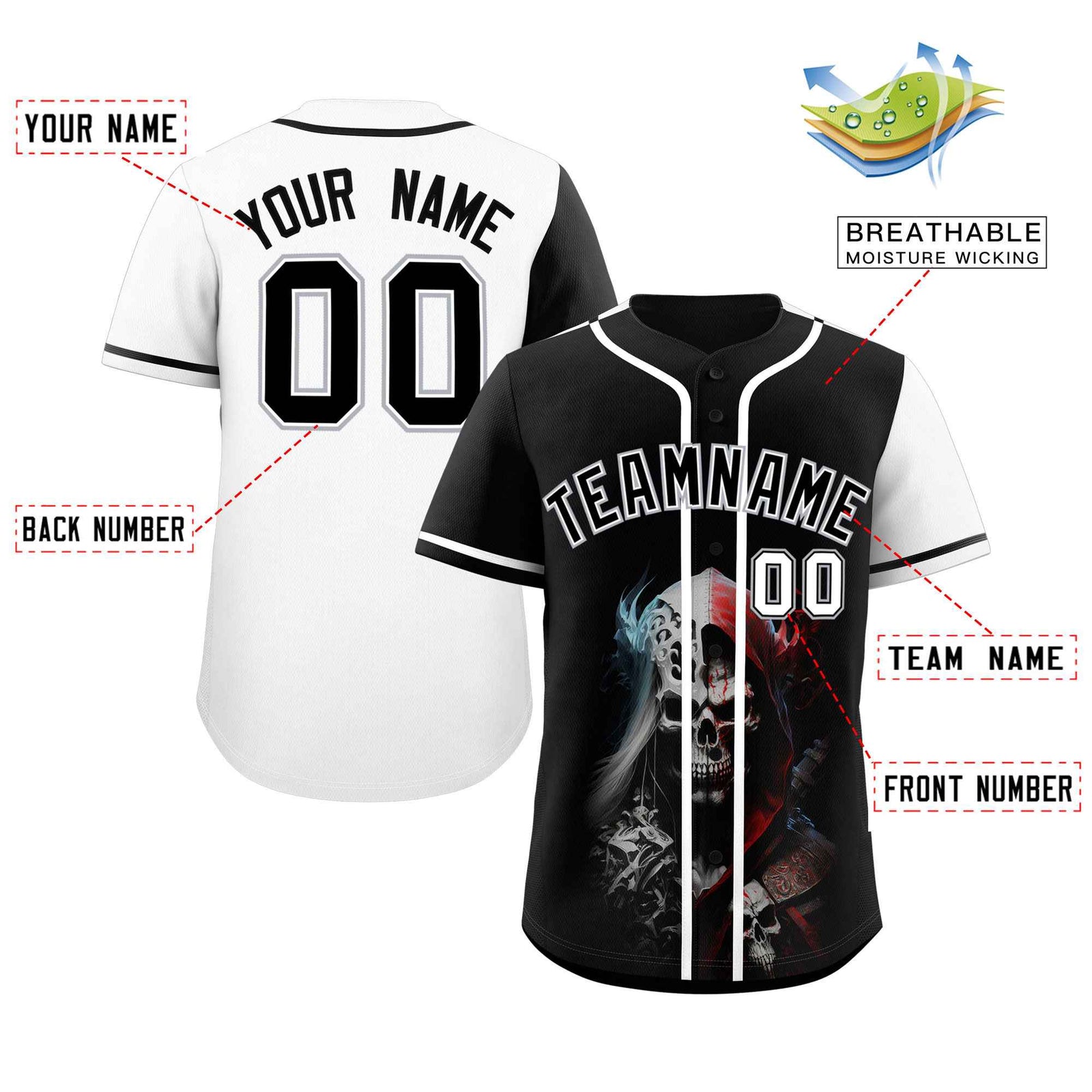 Custom Black White Color Block Personalized Skull Pattern Authentic Baseball Jersey