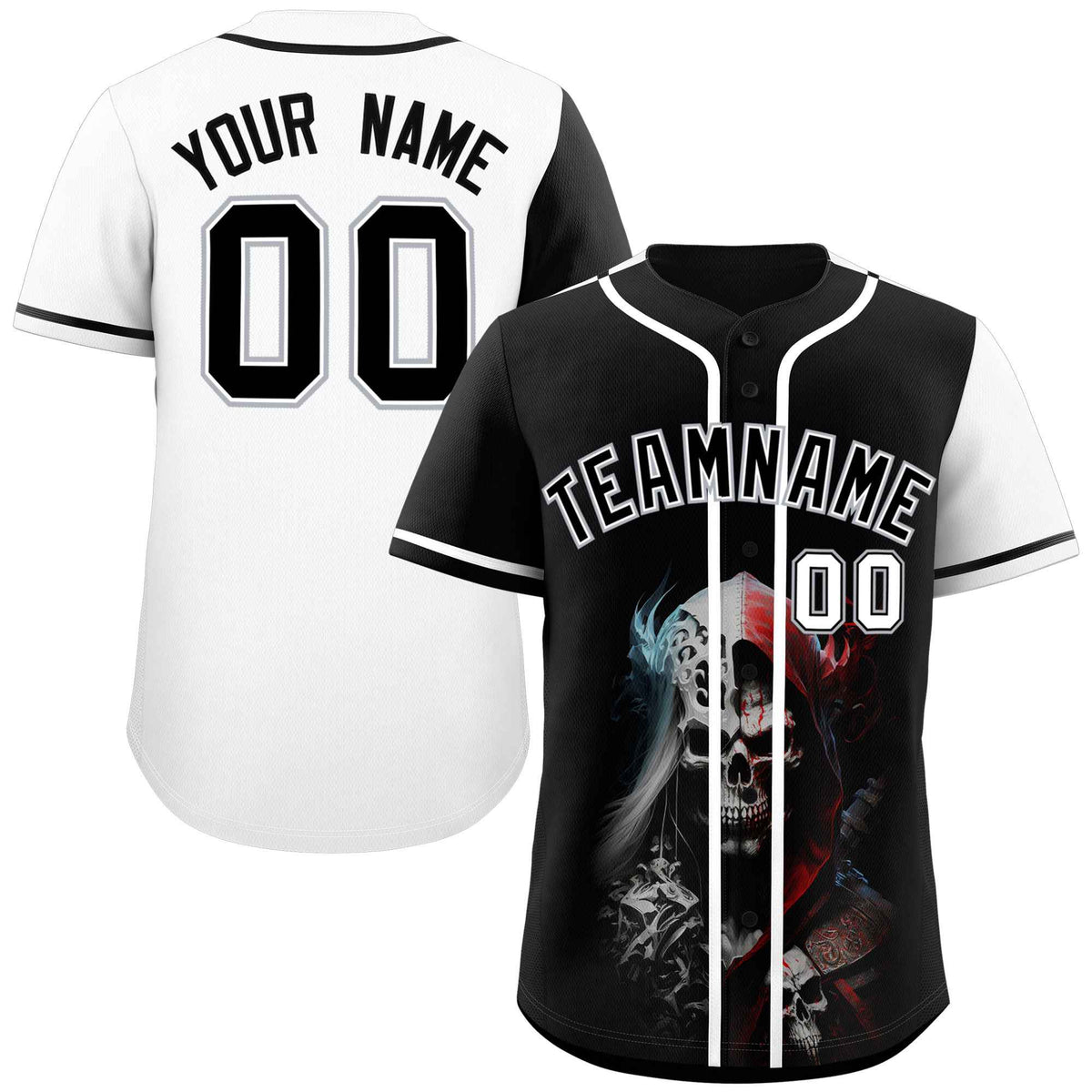 Custom Black White Color Block Personalized Skull Pattern Authentic Baseball Jersey