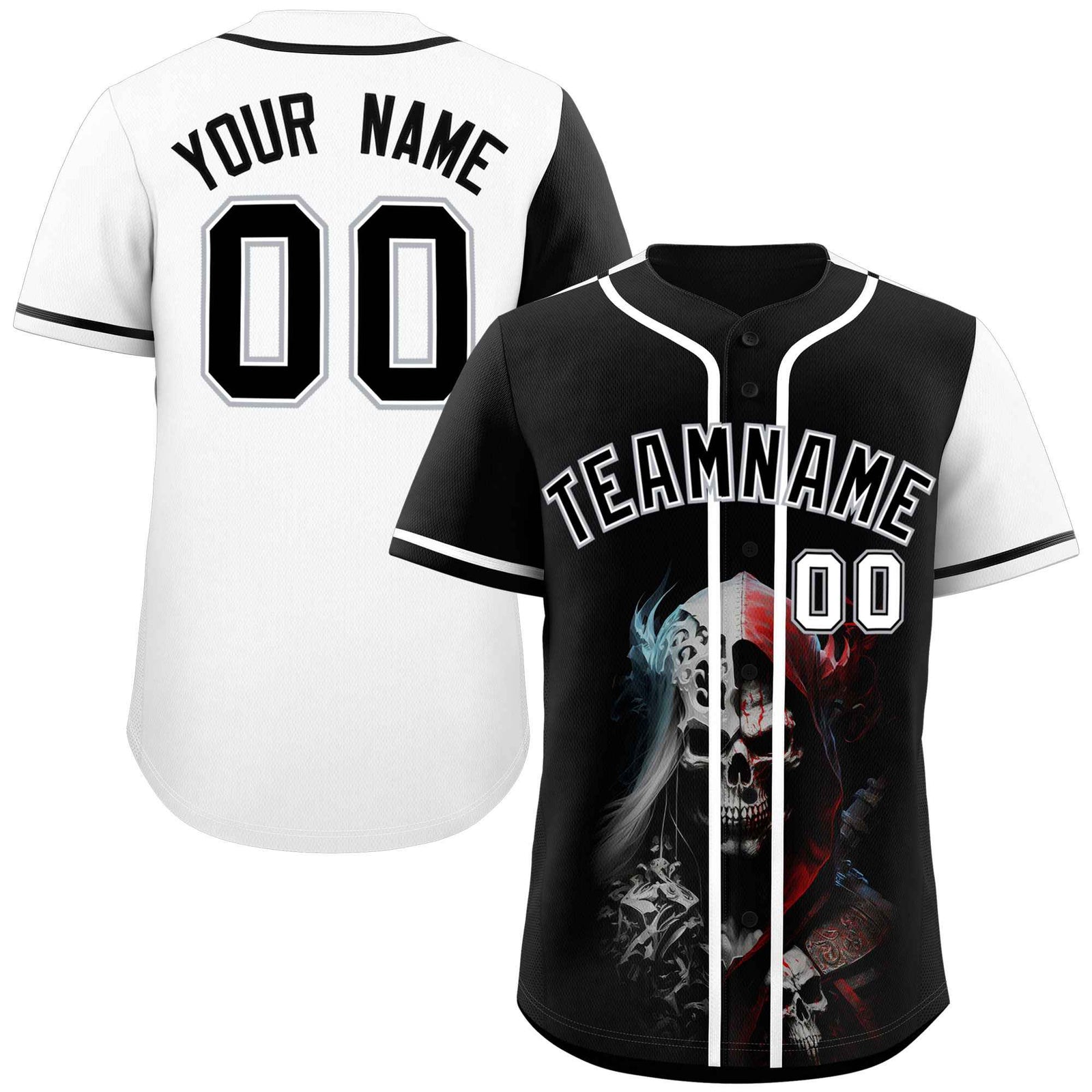 Custom Black White Color Block Personalized Skull Pattern Authentic Baseball Jersey