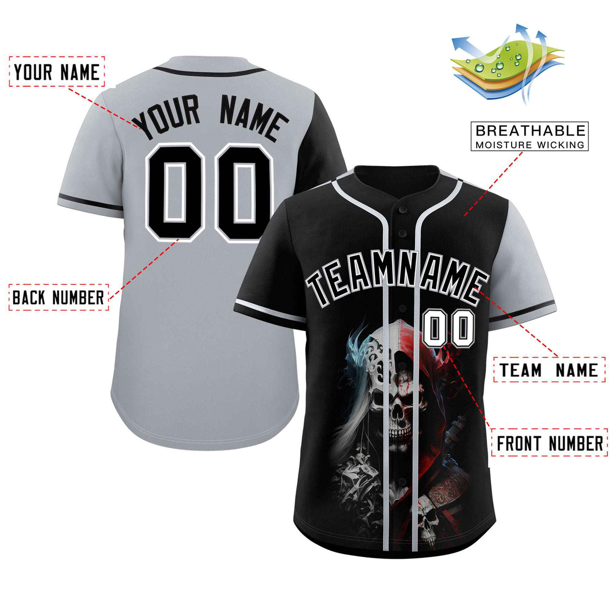 Custom Black Gray Color Block Personalized Skull Pattern Authentic Baseball Jersey
