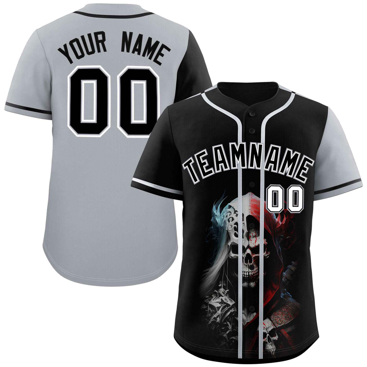 Custom Black Gray Color Block Personalized Skull Pattern Authentic Baseball Jersey