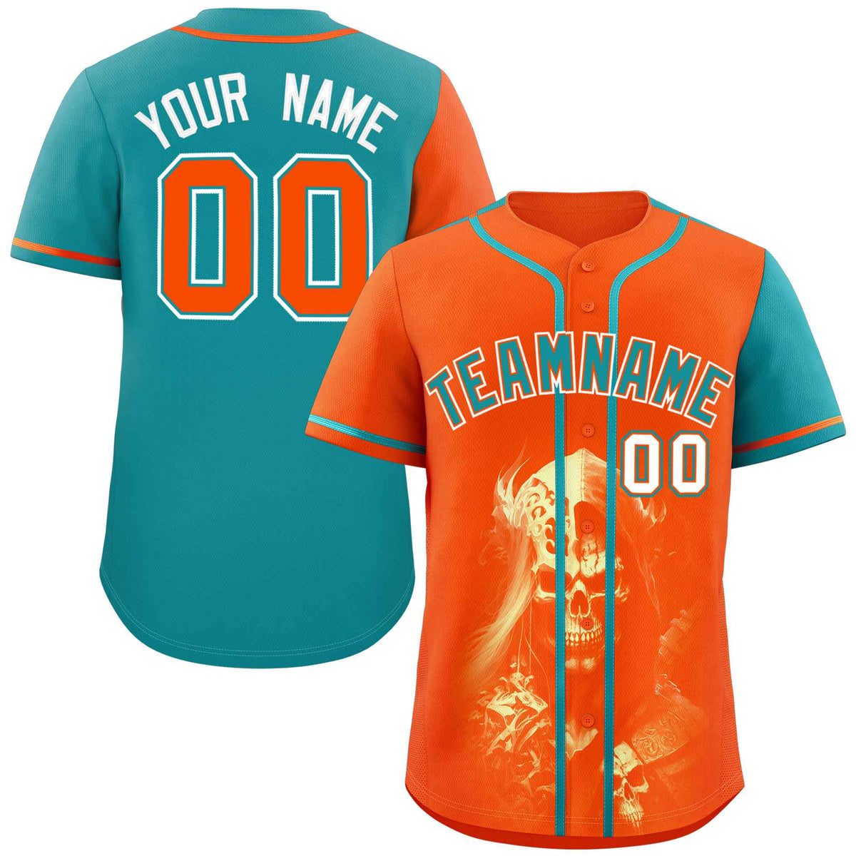 Custom Orange Aqua Color Block Personalized Skull Pattern Authentic Baseball Jersey