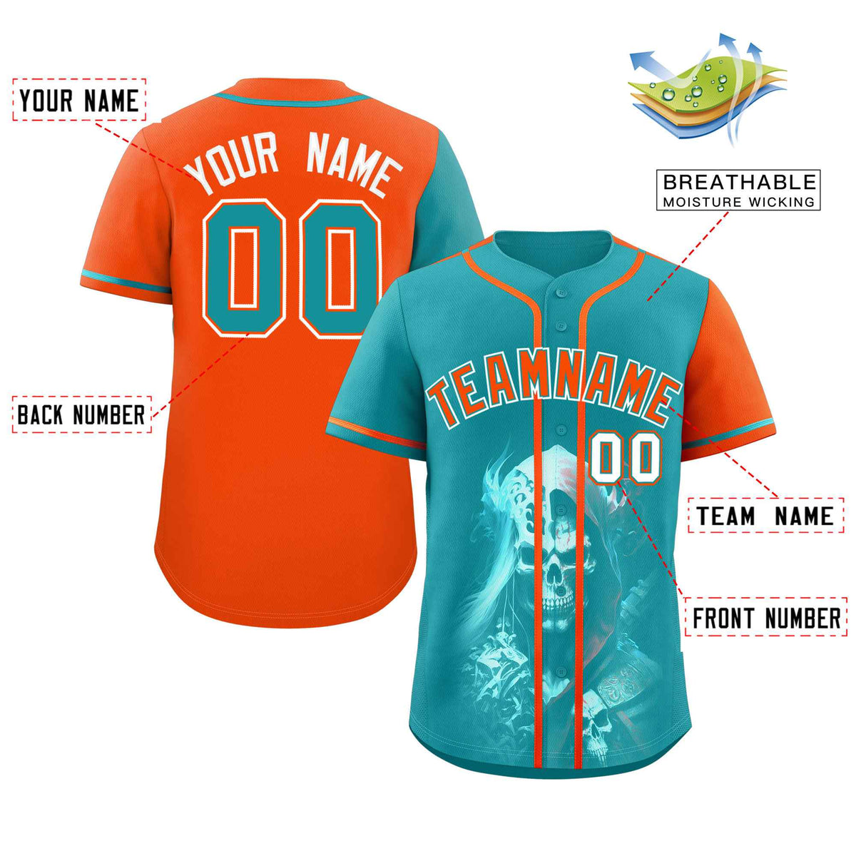 Custom Aqua Orange Color Block Personalized Skull Pattern Authentic Baseball Jersey