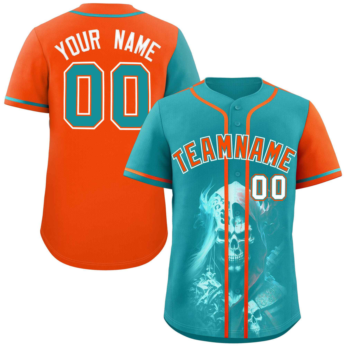 Custom Aqua Orange Color Block Personalized Skull Pattern Authentic Baseball Jersey